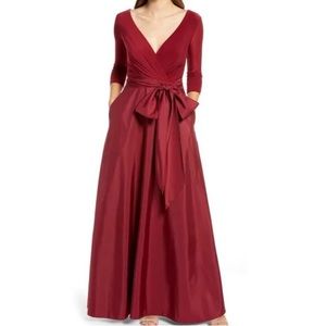 Alfred Sung Burgundy V-Neck Belted Gown